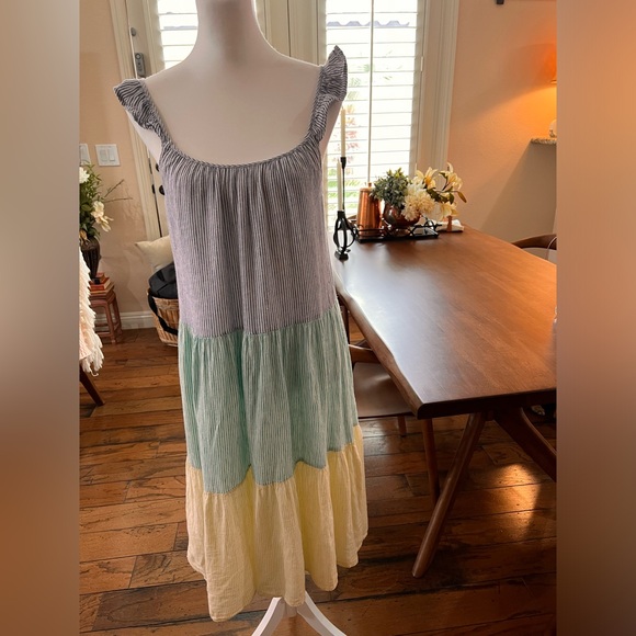 Rails Capri Linen Blend Ruffle Strap Midi Dress Mixed Rainbow Stripe. Size XS - Picture 3 of 6